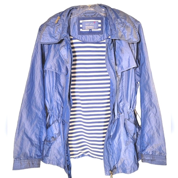 Perfect Rain Jacket Shiny Blue Size 10 US/14 UK PER UNA Hidden Hood Lined LOOK๐ - Picture 3 of 6